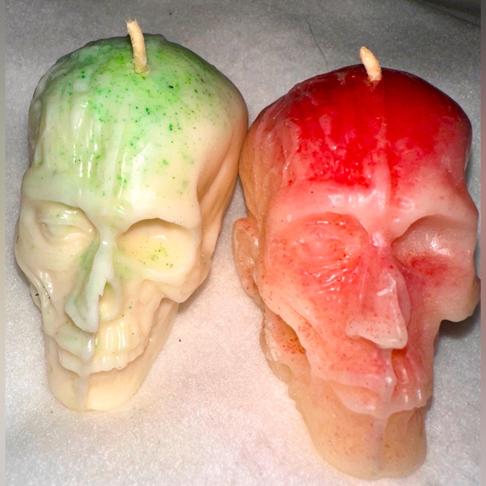 Halloween, skull shaped candles. Spooky. Set of 2 Handmade, soy, apple scented.
